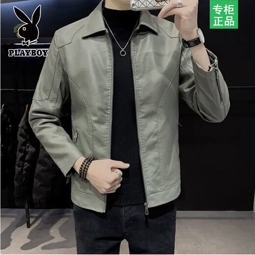 Playboy Leather Jacket Men's Autumn and Winter New Lapel Leather Jacket Trendy Slim Motorcycle Casual Korean Style Velvet PU Leather Jacket for Men 8898 Black Velvet L Recommended 110-125 Jin Jin equals 0.5 kg