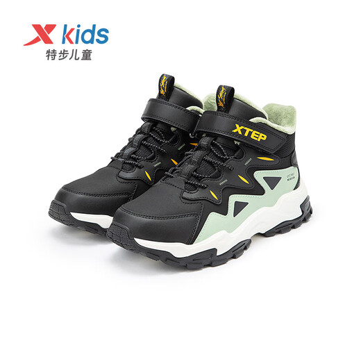 Xtep Children's Shoes Boys' Warm Anti-Slip Cotton Shoes Winter Mink Velvet Velcro Sneakers Black/Gray Grass Green 37