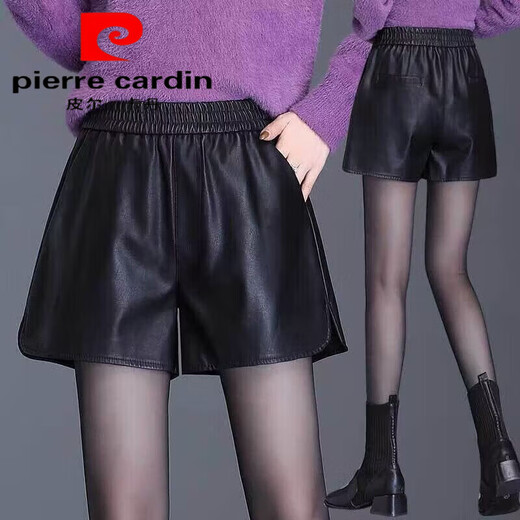 Pierre Cardin leather shorts for women autumn and winter 2025 new outer wear elastic high waist slimming wide leg a-line pants fashionable pu leather boot pants black regular style XL waist 2 feet 2 wear 120Jin Jin is equal to 0.5kg about weight
