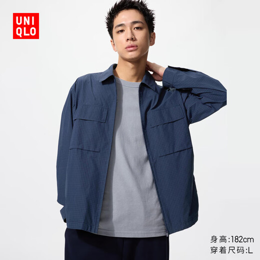Uniqlo Men's and Women's Shirt-Zip Jacket/Coat Casual Plaid Jacket 25 New Style 484882 68 Dark Blue L /175/100A
