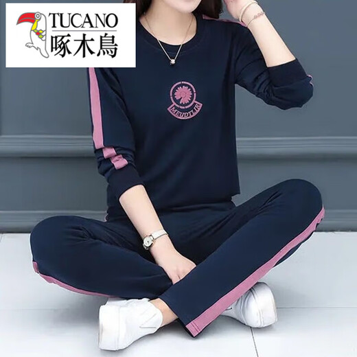 Woodpecker (TUCANO) Spring and Summer Casual Sports Suit for Women 2025 New Loose Fashionable Large Size Western Style Autumn Two-piece Set Trendy 686 Black Short Sleeve Shorts L (Recommended 95-110 Jin Jin is equal to 0.5 kg)