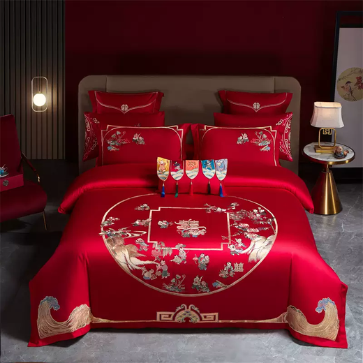 Yusenyi high-end wedding multi-piece set with dragon and phoenix embroidery flowers, 100% cotton wedding four-piece dowry red quilt bed for children and grandchildren 4-suitable for 1.51.8m bed recommended to match 200x23