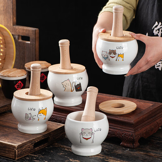 Fat Donglai's same style garlic mortar, old-fashioned ceramic garlic mortar, chili pepper mortar, garlic masher, medicine jar, preserved egg household, small kiln turns red - garlic mortar + beech wood hammer