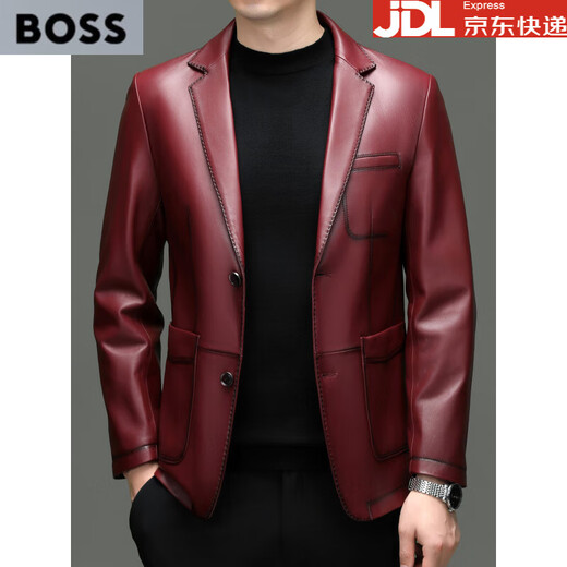BOSS Spring and Autumn New Genuine Leather Clothing Men's Sheepskin Suit Fashion Business Casual Suit Middle-aged Men's Jacket Red S 165 Suitable for 120 Jin Jin equal to 0.5 kg or less