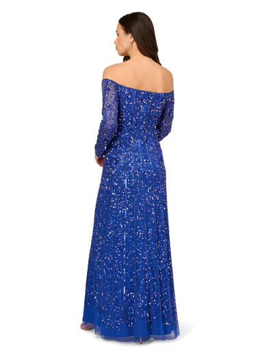 Adrianna Papell Women's Beaded Off Shoulder Gown Brilliant Sapphire 12