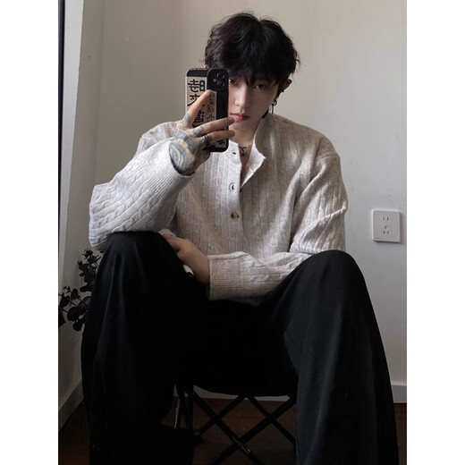 7 excellent products retro Henry collar knitted sweater jacket for men in autumn lazy style casual cardigan old money style tops men's CLBFS-M5135 apricot XL