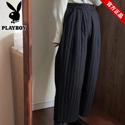 PLAYBOY (PLAYBOY) thickened vertical striped down cotton pants for women's winter outerwear, Japanese style small men's quilted wide-leg pants, warm granny pants, black 2XL 145-160Jin Jin equals 0.5 kg