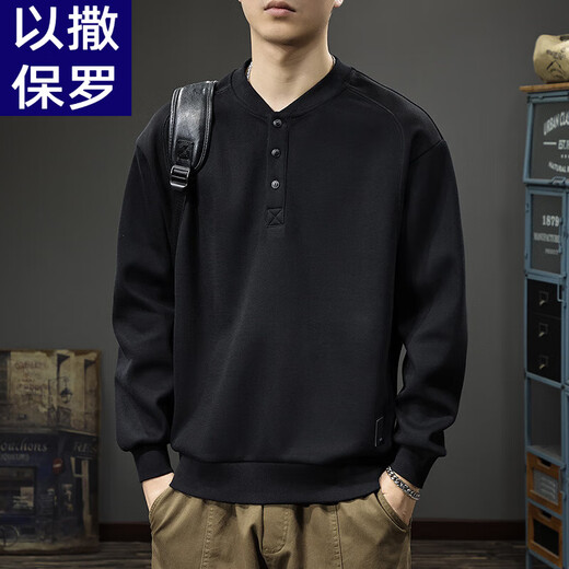 Isaac Paul (YISABAOLUO) autumn and winter velvet American retro Henry collar sweatshirt men's heavyweight trendy brand half cardigan coat loose long-sleeved POLO shirt black velvet M _Suitable weight 90-130Jin Jin is equal to 0.5 kg