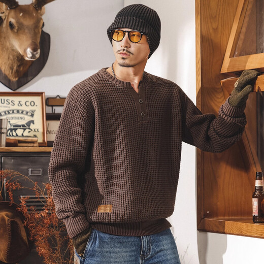 Jay Leno American retro tough guy Henry collar sweater men's winter thickened trendy brand men's sweater loose casual sweater coffee M suitable for 100-125Jin Jin equals 0.5 kg