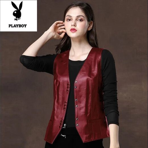 Playboy (PLAYBOY) PU leather vest for women 2025 spring and autumn new versatile short sleeveless imitation sheepskin waistcoat vest jacket top black thin L recommended 110-125Jin Jin equals 0.5 kg