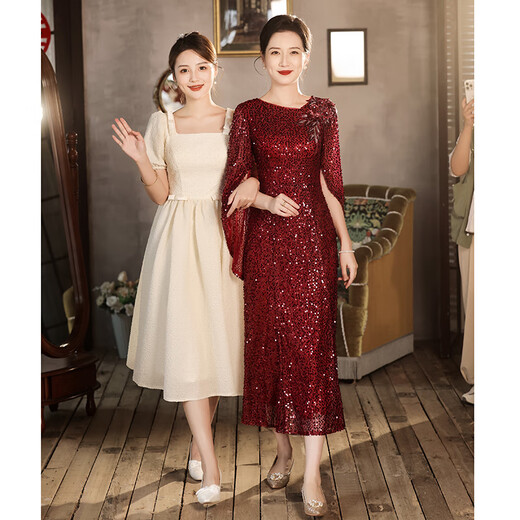 Rindu dress women's banquet evening dress high-end mother temperament slim wine red sequin mother wedding banquet dress noble and young wine red S one size