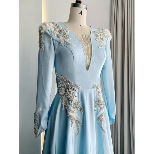 High-end host performance evening dress female dignified atmosphere evening party chorus guzheng long skirt vocal music test dress light blue 2XL