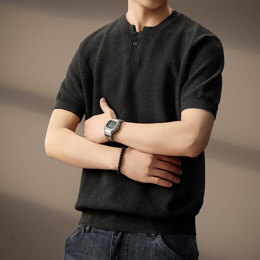 Noble color high-end American retro heavyweight Henry collar short-sleeved Polo shirt for men old money style casual half-sleeved repair black M suitable for 100-120Jin Jin equals 0.5 kg