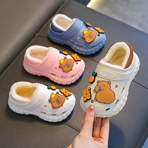 Kapibara children's cotton slippers, boy's winter cartoon cute non-slip indoor soft-soled baby slippers, upgraded environmentally friendly material black (heel included) 12 26/27 size (shoe inner length 16CM, suitable for feet 15