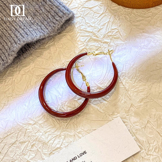 DAISY DREAM925 Silver Needle Temperament Red Large Hoop Earrings Women's Light Luxury Niche High-end Earrings Hot Stud Ear Accessories 3cm Red Hoop 925 Silver Needle