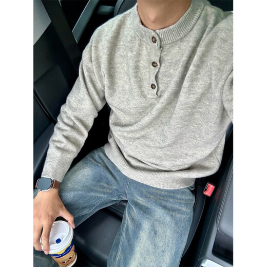 Senma Gray Henley Collar Sweater Men's Autumn Cleanfit Feeling Bottoming Sweater American Lazy Chic Sweater Gray Upgraded M