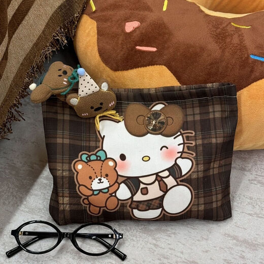 Ins style cartoon portable large capacity cosmetic bag cute clutch bag hellokitty storage bag small retro plaid kitty