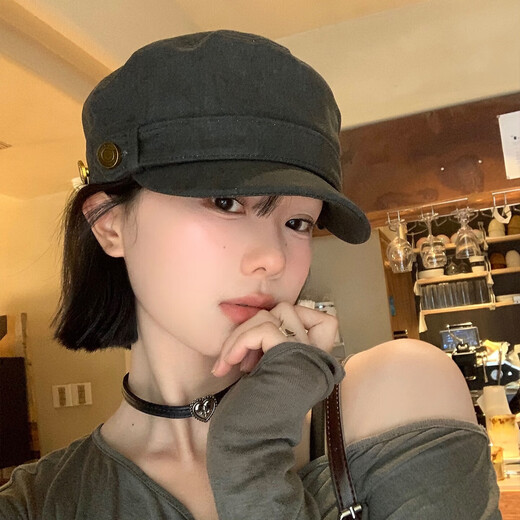 BIBK beret women's peaked cap equestrian hat showing face small flat top retro fashion hat square round face high skull retro green one size fits all elastic 55-59cm