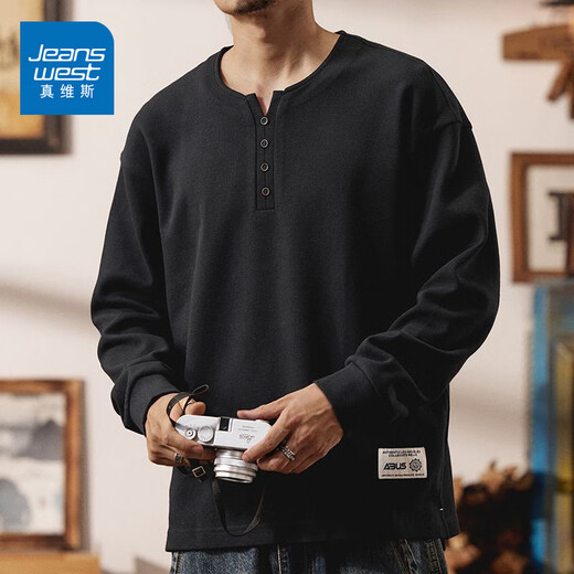 Jeanswest 2025 Autumn New Cotton Henley Collar Men's Sweater Loose Long Sleeve T-Shirt American Top T White Bottoming Shirt Black M