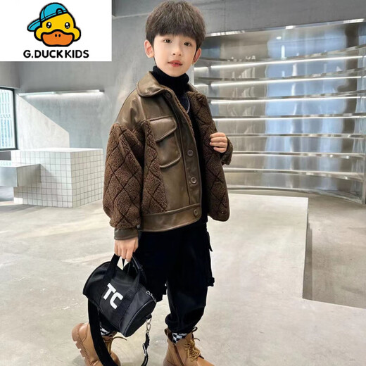 G.DUCKKIDS boys' leather jacket autumn and winter new style velvet thickened winter 2025 children's splicing thickened medium and large children's jacket coffee color 140 cm