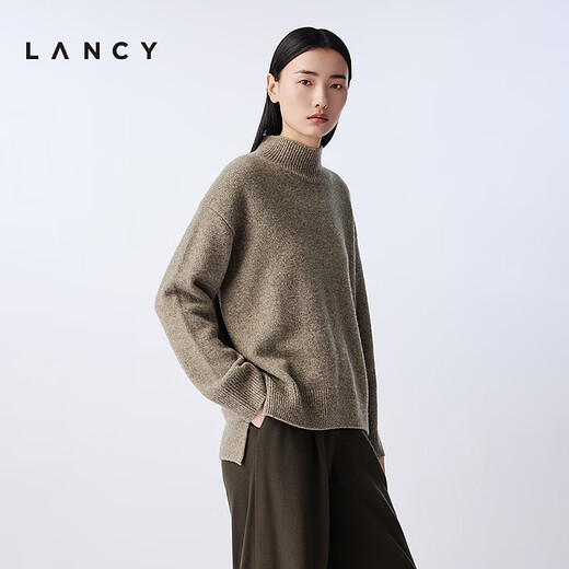 LANCY wool cow down new winter high collar loose soft short wool sweater oatmeal milk color M