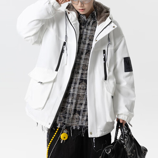 Teenage men's trendy autumn and winter workwear windproof jacket loose hooded jacket plus velvet thickened parka beige 4XL 195 size 180-200Jin Jin equals 0.5 kg