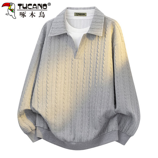 Woodpecker (TUCANO) sweatshirt men's autumn and winter lapel loose long-sleeved T-shirt fake two-piece pullover polo bottoming shirt jacket gray XL