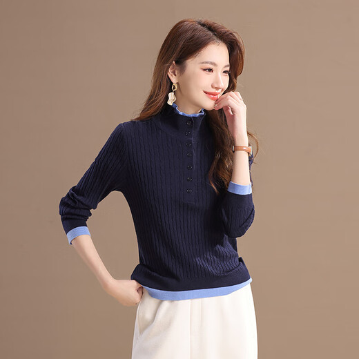 Qianbai Nian Fashionable Stand Collar Fake Two-Piece Wool Sweater Women's Autumn and Winter New Contrast Color Design Bottoming Pullover Sweater Green XL