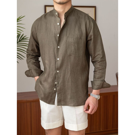 Commuting, casual, breathable pure linen long-sleeved shirt, versatile holiday stand-up collar shirt, men's Henry collar top, white M