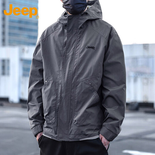 Jeep (JEEP) Jacket Men's Spring and Autumn Hooded Jacket Tops Versatile Trendy Casual Men's Clothing Gray XL