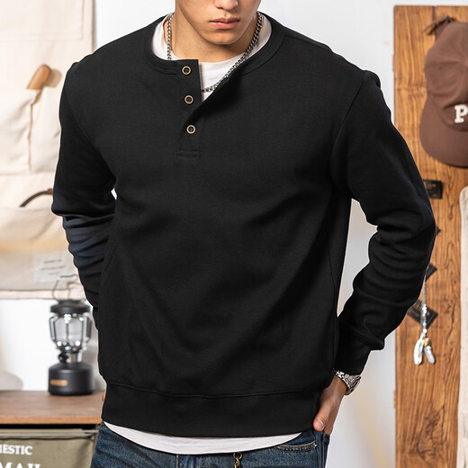 Lupan Black 350g Heavyweight Henley Collar Sweatshirt Men's 2025 Spring American Retro Henley Shirt Bottoming Long Sleeve Black M