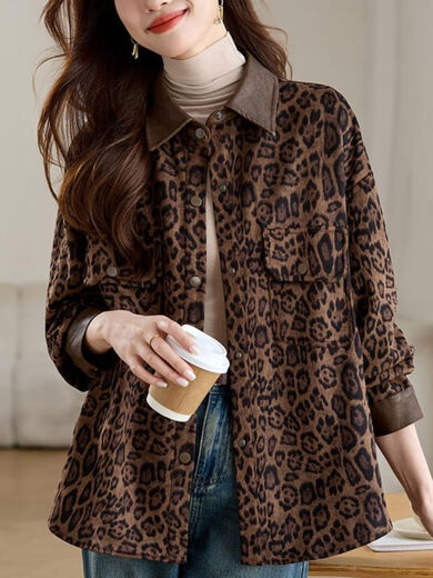 Jingyan shirt jacket for women spring and autumn new style mid-length age-reducing style mom autumn casual leopard print top picture color S S suitable for 100-118Jin Jin is equal to about 0.5 kg