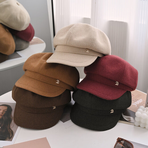 Zhenxiang Hat Women's Autumn and Winter Korean Style Octagonal Hat Fashionable Beret Shows Your Face, Small and Keeps Warmth Coffee Color One Size B701