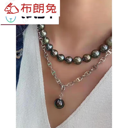 Brown Rabbit Pig Nose Necklace Black Pearl Sweater Chain Round Highlight Pendant Lock Necklace 11-12mm