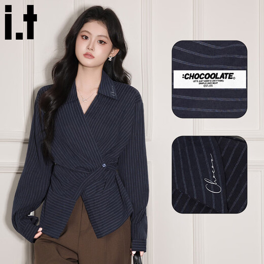 CHOCOOLATE it women's fashionable V-neck striped long-sleeved shirt women's autumn and winter new waist slimming design top navy blue S