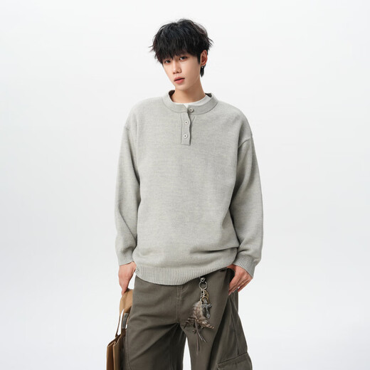 Carew micro Henry collar sweater men's large size student outdoor loose lazy style knitted sweater with warm base layer for men light gray M