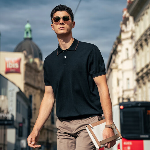 Mr. Bu machine washable lapel cardigan T-shirt 2025 autumn new solid color business sweater short-sleeved bottoming shirt BT16888 piano black 2XL (185)