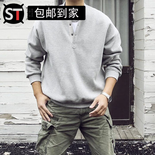 Shantou Lincun Hangzhou ASUS men's clothing Japanese retro autumn and winter men's Henry collar long-sleeved T-shirt bottoming shirt loose casual set QS-T88 black main picture 3XL