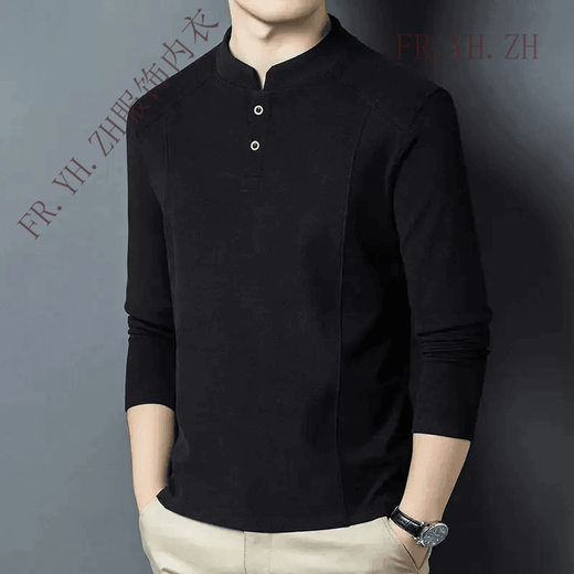 FR.YH.ZH Banbanhu Double-sided German Velvet Bottoming Shirt Square Garden Clothing Men's Henry Collar Long Sleeve Trendy Versatile Sweater Black (D509) L (115-130Jin Jin equals 0.5kg)