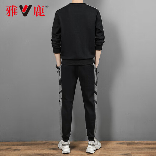 Yalu Sports Suit Men's Autumn and Winter Casual Velvet Thickened Men's Sweater Trousers Korean Style Trendy Cotton Two-piece Set Black Regular Spring and Autumn Two-piece Set XL Recommended 125-140Jin Jin is equal to 0.5 kg