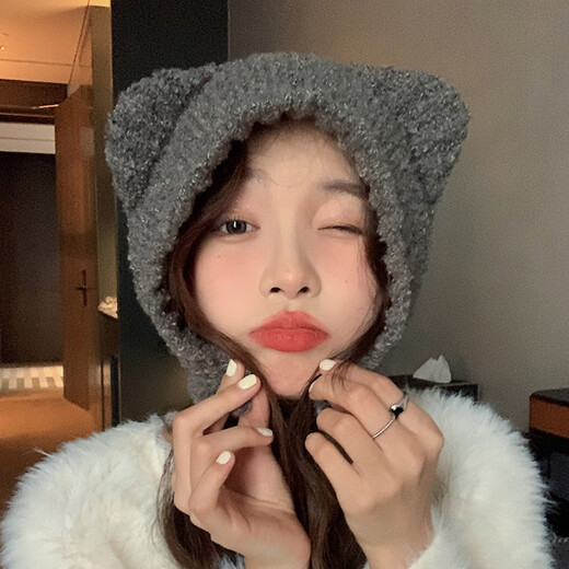 Style Mansion Cute Bear Hat Women's Winter Korean Version Ins Warm Gray Ear Hat Autumn and Winter Knitted Beanie Big Head Circumference Bear Ear Long Rope - Lucky Red Collection + Add to Cart = ++Priority Shipping