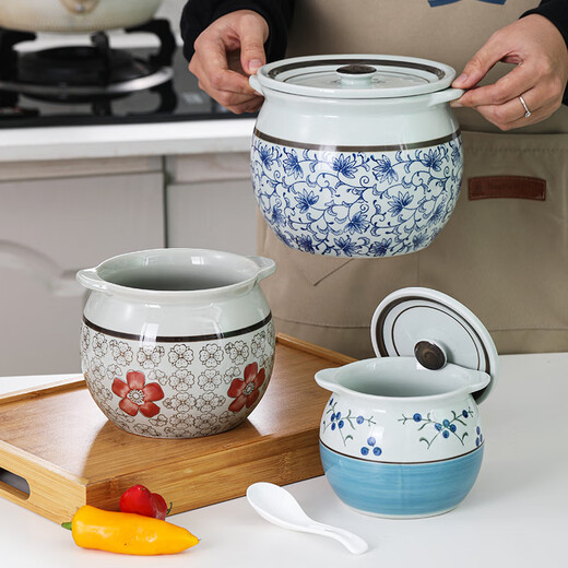 Jiuxia lard jar ceramic non-porous high temperature resistant kitchen household chili jar old-fashioned oil jar sealed salt jar chili jar non-porous double ears blue and white 1800ml