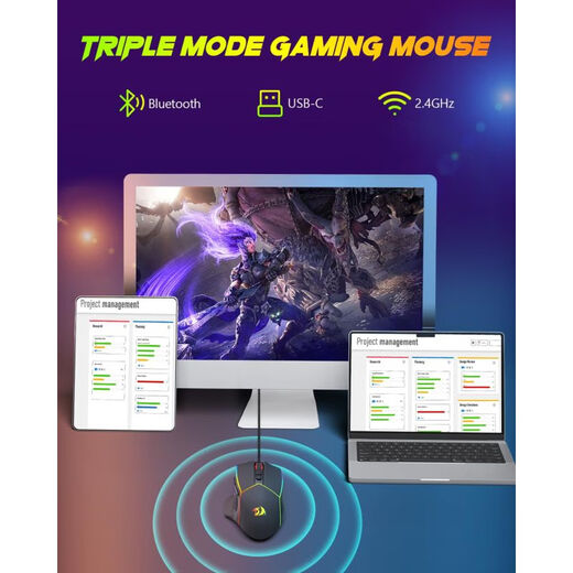 Red Dragon (REDRAGON) souris de jeu sans fil rechargeable programmable rétroéclairage RVB trois modes 2,4 G/USB-C/Bluetooth souris de jeu ergonomique 8 000 DPI veille automatique 250 heures d'autonomie pour ordinateur portable, PC et Mac