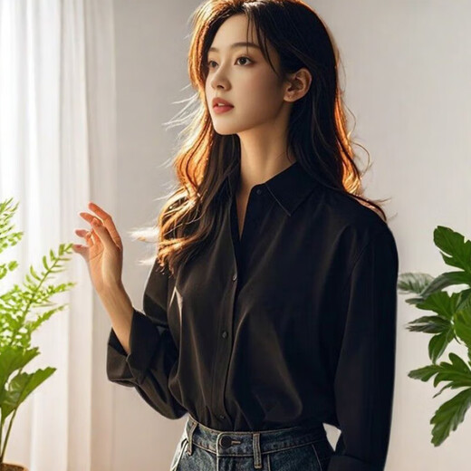 French satin chic shirt for women 2026 spring and autumn new high-end drape long-sleeved temperament professional shirt top 7518 black exposed button long sleeves high-quality satin L Recommended 110-125 Jin Jin equals 0.5 kg