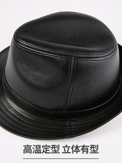 What a cool leather hat for men, spring and autumn casual leather hats, middle-aged and elderly British sheepskin Panama hats, trendy felt hats, black L (55-56cm)