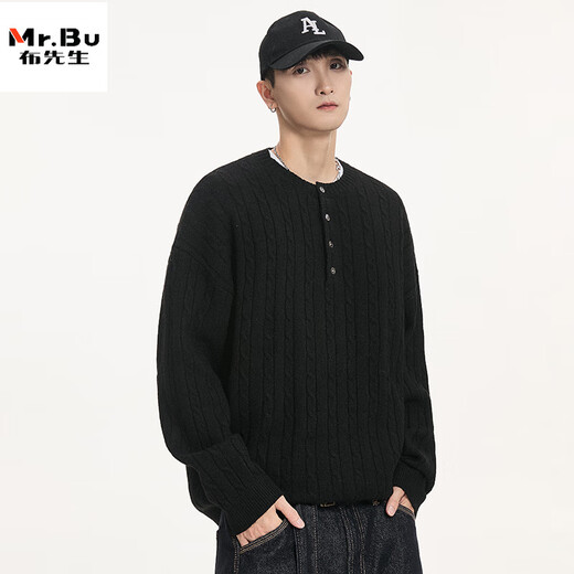 Mr. Bu knitted sweater men's knitted sweater men's autumn and winter new fashion brand American twist feel warm henley collar sweater black M