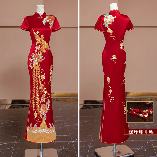 ROAR UTHAUG embroidered cheongsam embroidered and wedding dress 2025 bridal wedding dress Chinese wedding dress walk out of the pavilion toast dress engagement dress red cheongsam with free earrings S