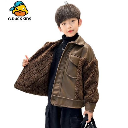 G.DUCKKIDS boys' leather jacket autumn and winter new style velvet thickened winter 2025 children's splicing thickened medium and large children's jacket coffee color 140 cm