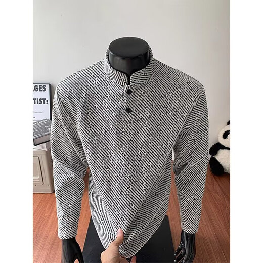 Diagonal striped Henry collar sweatshirt men's autumn heavyweight small fragrance polo shirt T-shirt American style inner layering shirt jacket black XL recommended 120-140Jin Jin equals 0.5 kg