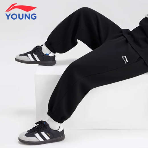 Li-Ning children's velvet pants, boys' sweatpants, autumn and winter student loose trousers, youth casual sweatpants, sweatpants, black - double standard closing, velvet without price increase 160 cm